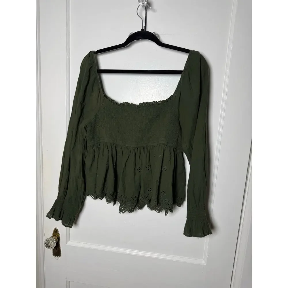 American Eagle Olive Green Smocked Boho Coastal Cowgirl Peplum Peasant Top XL - Picture 9 of 9